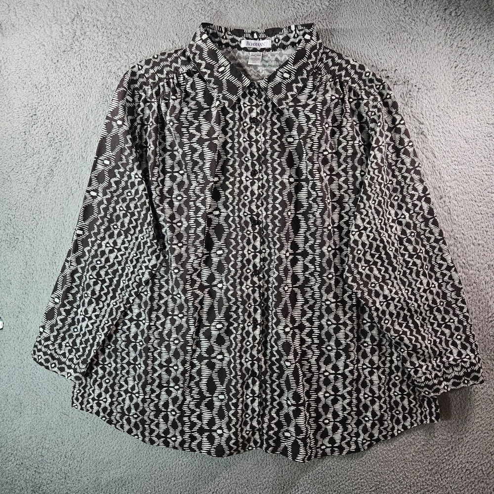 Roaman's Shirt Top Women 4X Plus Button Up Geometric Print Brown White